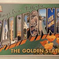 The front of a postcard featuring the word "California," where each letter contains a picture from that state.