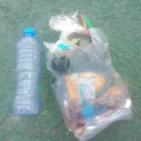An empty plastic bottle and a bag of single-use plastic waste