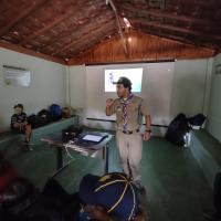 Rafaela wolf and his Scout father Rodolfo presenting about World Bee Day on 71/MG Ludovico Pavoni Scout Group from Pouso Alegre/MG