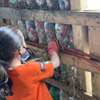 Agregando paja entre los ecoladrillos 