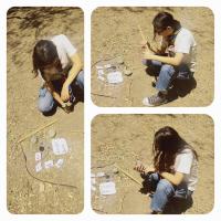 Preparación de los materiales, palo para generación de sombra, piedras para marcas de inicio y fin, puntos cardinales impresos