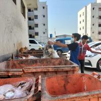 Puting the rubbish in the dust bins. 