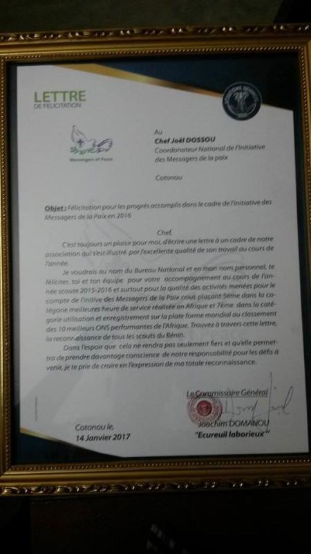 Lettre de félicitation adressée au Coordonnateur National MOP Bénin par le Commissaire Général du Scoutisme Béninois