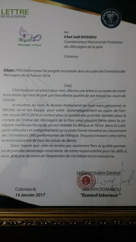 Lettre de félicitation reçu par le chef Joel DOSSOU pour le succès remarquable des activités menées dans le cadre du programme messager de la paix en 2016