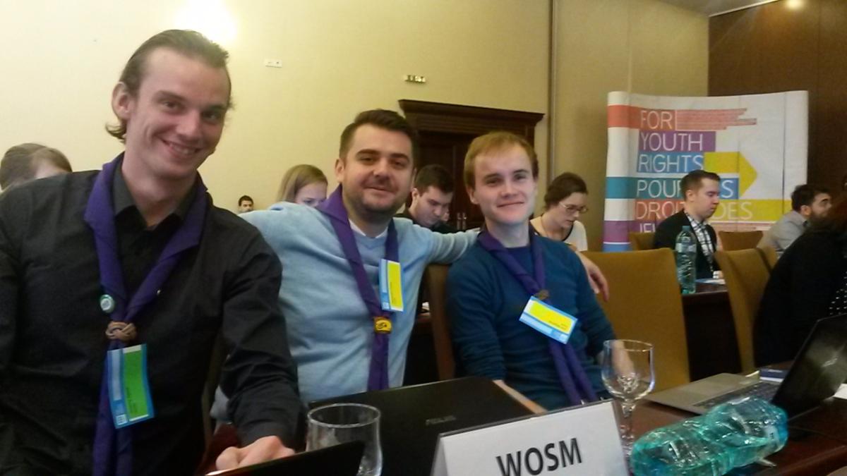 WOSM Europe's external representatives attending the General Assembly of the European Youth Forum to promote the vision of scouting in Europe.