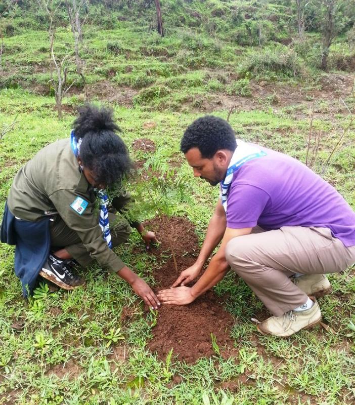 Ethiopian Scouts; planting a seedling 