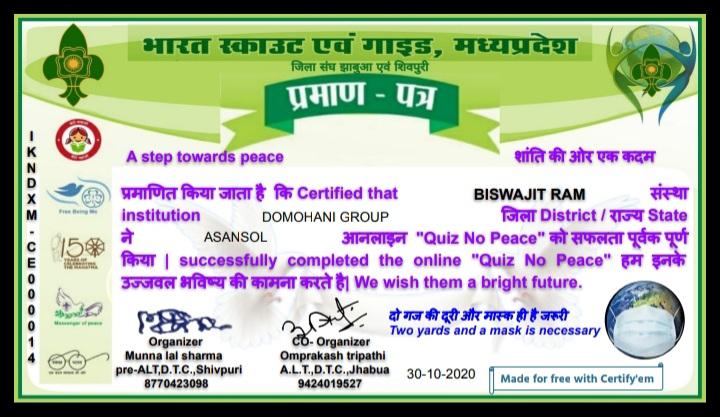 CERTIFICATE PEACE QUIZ BISWAJIT 