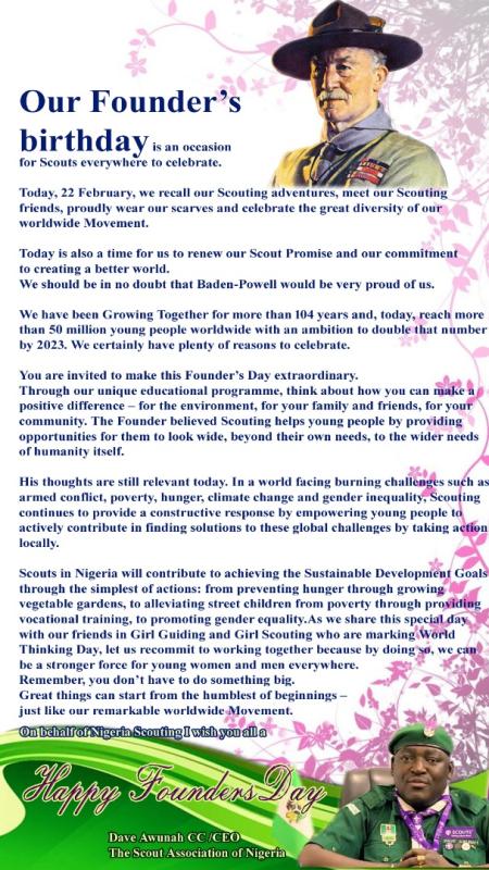 Founder's Day Message from The Chief Commissioner, Scout of Nigeria - Hon Dave Awunah.