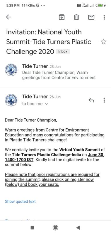  Debasish Mohanty invitation for national youth summit plastic Tide Turner
