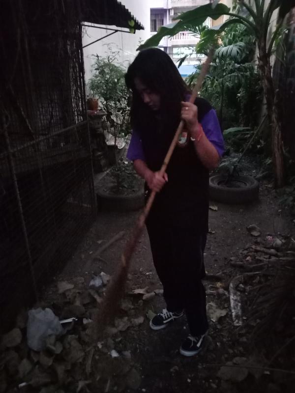 ช่วยแม่กวาดใบไม้หลังบ้าน