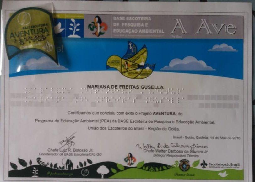 The Blind Cub Scout Mariana will receive the 1st Braille Badge from the Environmental Education Program of the Scout Base 