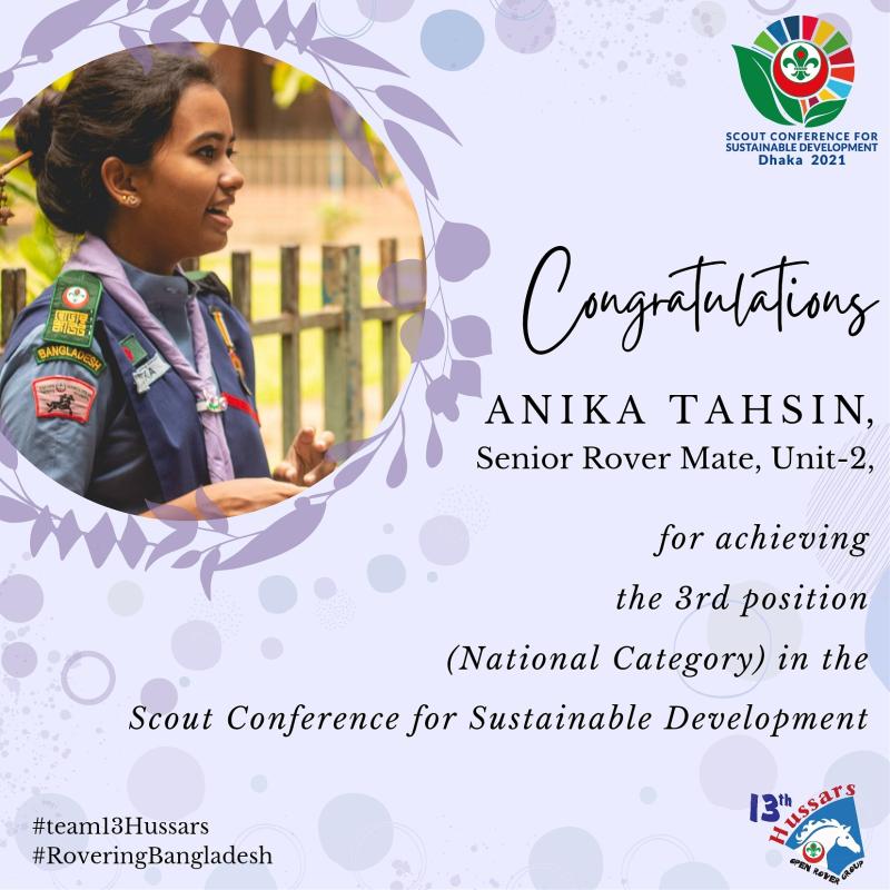 Anika Tahsin, the Senior Rover Mate of Unit -2, 13th Hussars Open Rover Scout Group Achieved the 3rd Position (National Category) in OIC Scout Conference for Sustainable Development