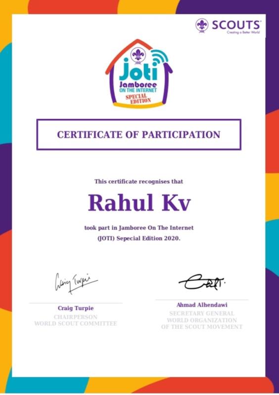 I participated in JOTI jamboree ( Special Edition From 3rd to 5th April 2020 on the internet And attended live streamings and learnt a lot about world Scouting.