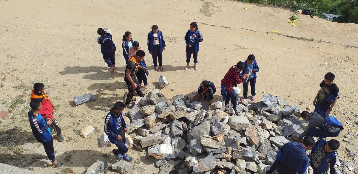 collection of boulder and stone for the chorten construction of Wangbama Central School