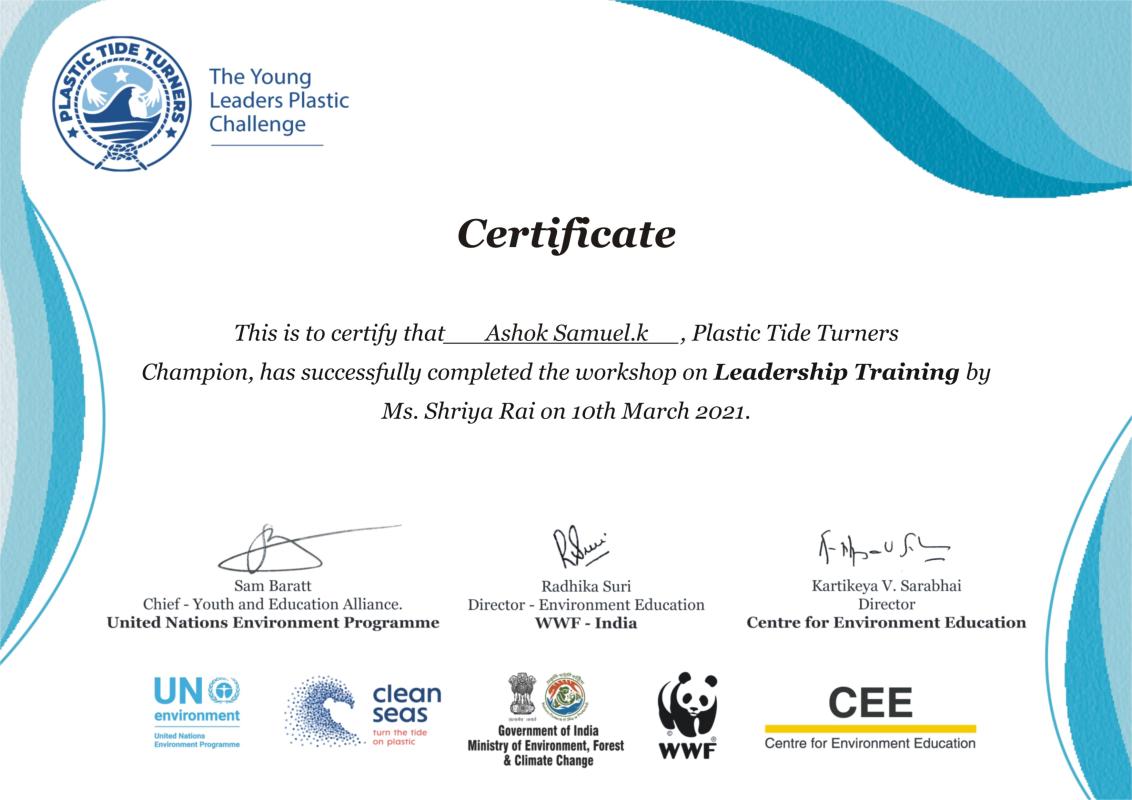 Plastic Tide Turners - Workshop on Leadership Training by Ms.Shriya Rai Young Leaders Challenge UNEP, WWF India, CEE