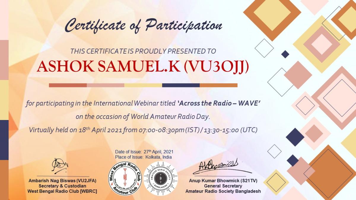 RADIO SCOUTING - International Webinar - "Across the Radio -  WAVE" on the occasion of World Amateur Radio Day virtually held on 18th April 2021 from 07.00 to 08.30 pm (IST) 13.30 to 15.00 hrs (UTC) of West Bengal Radio Club (WBRC)