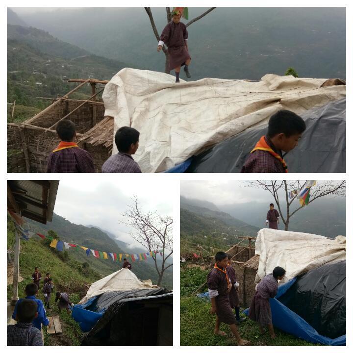Covering the house roof after blown by the strong wind.