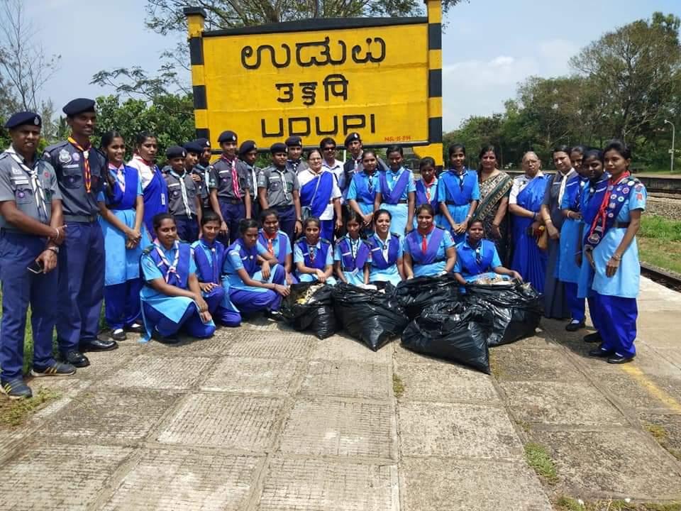 Swachh Bharat Cleanliness Drive Service Project, Indrali railway station Udupi ,Bharat Scouts and Guides Udupi District Association ,Karnataka, India. From 26th May 2016 to 2nd October 2018. 