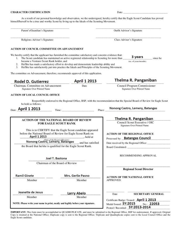 Application for Eagle Scout Rank: The National Court of Honor