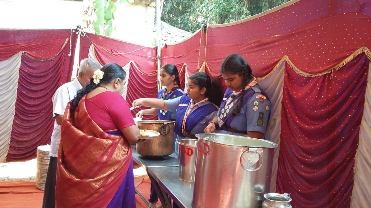 Service at Temple (Nagabana) by The Bharat Scouts and Guides District Association Udupi, Karnataka, India.