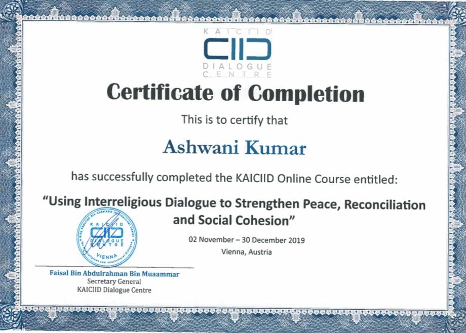 Completed the KAICIID Online Course on IRD