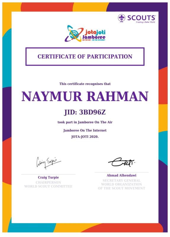 JOTA-JOTI 2020 Certificate of Participation