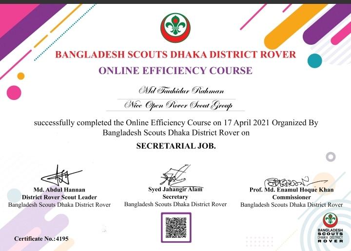 Online Efficiency Course by Bangladesh Scouts Dhaka District Rover on Secretarial job.