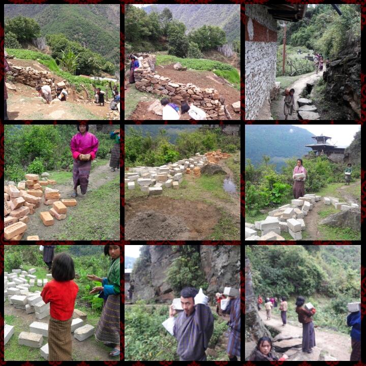 carrying bricks and cement block to lhakhang / community service 