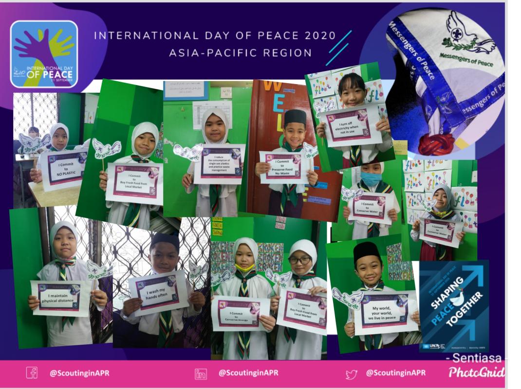 Celebrating International Day of Peace 2020 in Brunei Daussalam.  Scouts cubs 1089 of ages 8-9 years old participated with their peace pledges and making videos. They committed themselves to stay safe at the current covid 19 pandemic and climate change.  