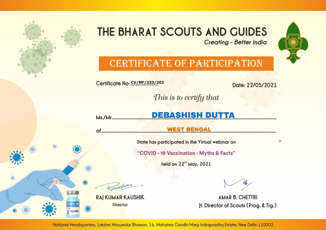 Certificate of NATIONAL LEVEL WEBMINAR ON COVID-19 VACCINATION- MYTHS & FACTS