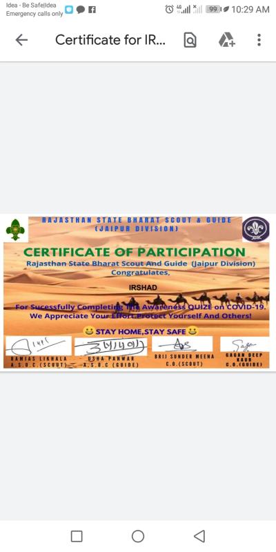 #COVID-19 Certificate of participation Rajasthan State Bharat Scout And Guide (Jaipur Division) 