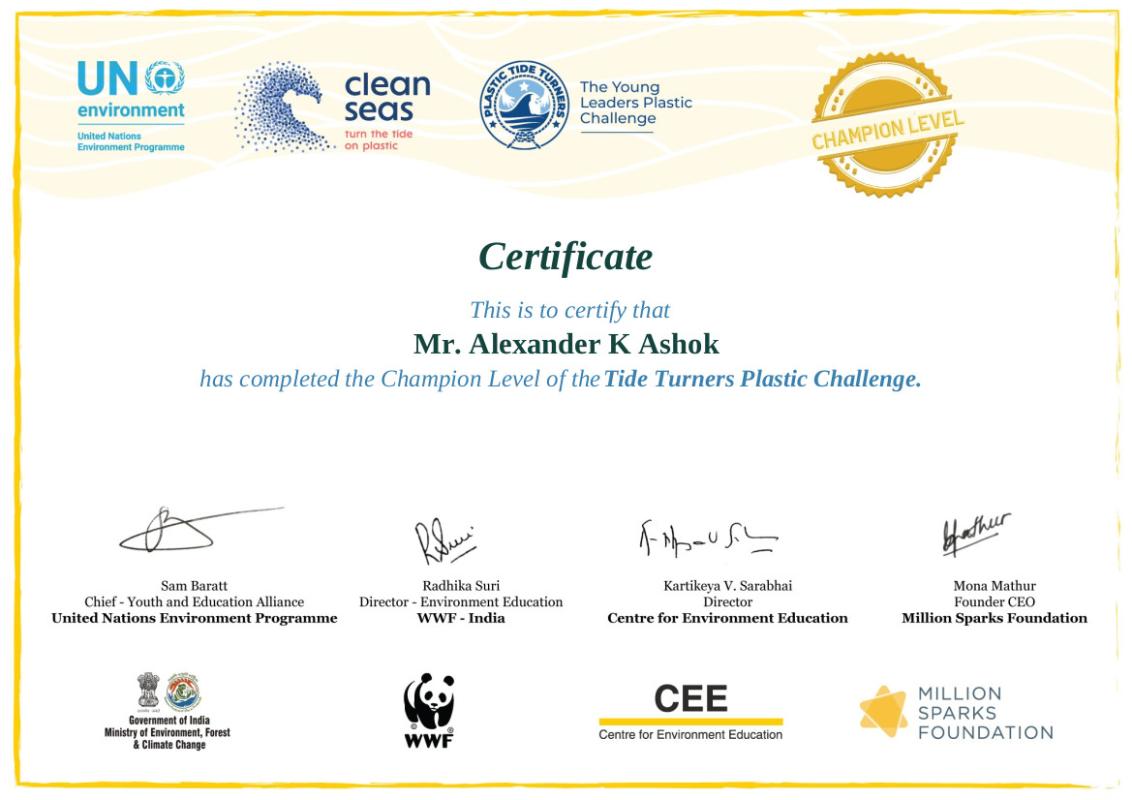 TIDE TURNERS PLASTIC CHALLENGE - ALEXANDER.K.ASHOK - 305th Kozhiikode Open Scout Group 