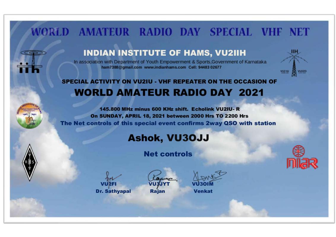 Radio Scouting - World Amateur Radio Day 2021, Special VHF Net, Indian Institute of HAMs VU2 IIH