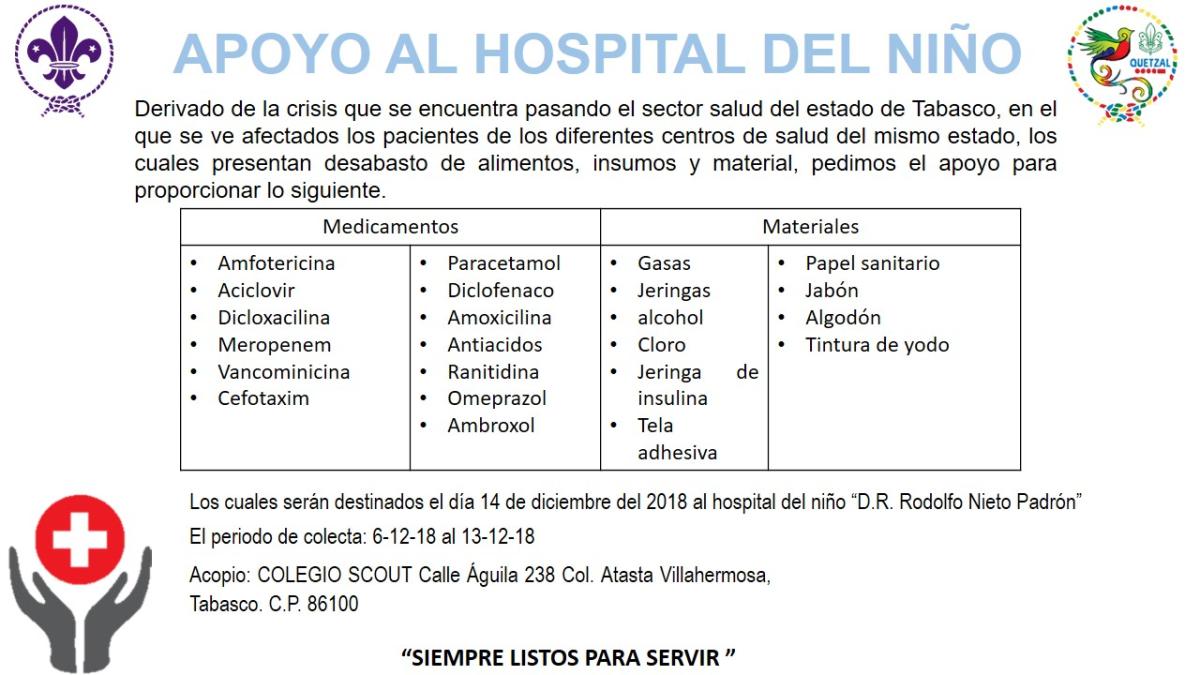 DONACIÓN DE ALIMENTOS Y MATERIALES DE CURACIÓN EN EL HOSPITAl DEL NIÑO