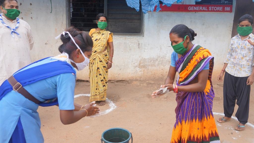 Hand wash demonstration at Kusumunda village of Bargaon Block, Sundargarh by the Rovers & Rangers of Bargaon ITI Unit of Odisha State Bharat Scouts & Guides