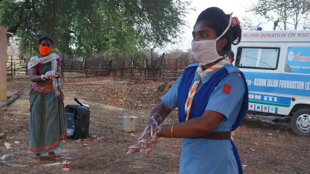 Hand wash demonstration and soaps, sanitizers distribution at Aludega village of Bargaon Block