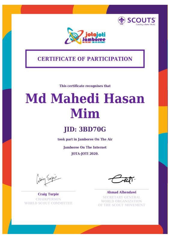 JOTA JOTI Certificate 2020
