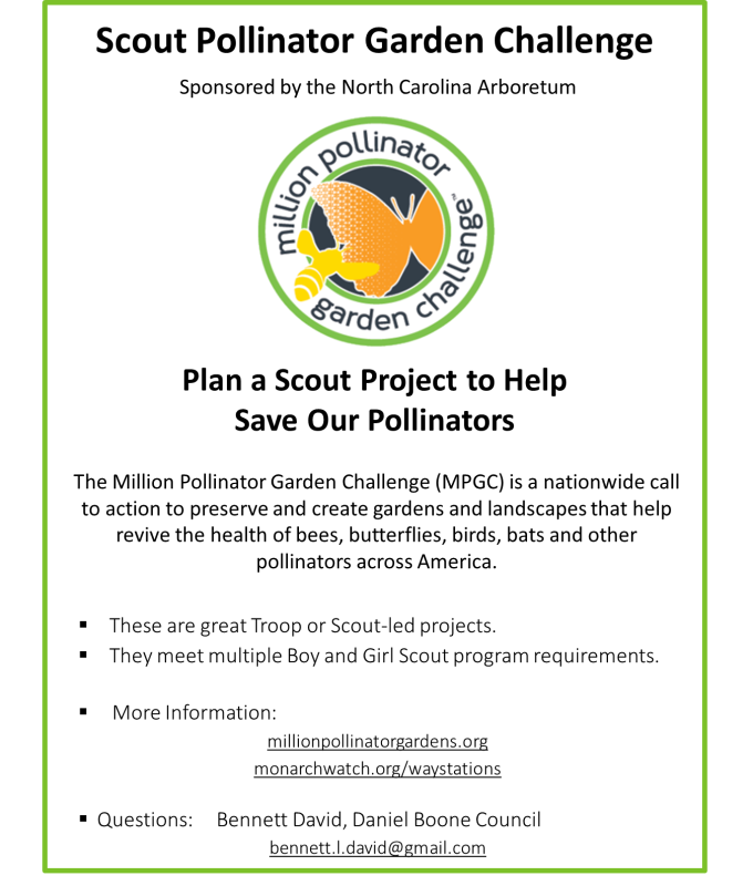 "Scout Pollinator Challenge": Monarch Waystations & Pollinator Gardens: NC Arboretum & Troop 91