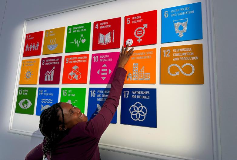 Young person pointing to one SDG Goal 
