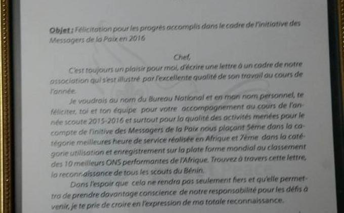 Lettre de félicitation adressée au Coordonnateur National MOP Bénin par le Commissaire Général du Scoutisme Béninois