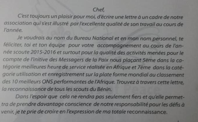 Lettre de félicitation reçu par le chef Joel DOSSOU pour le succès remarquable des activités menées dans le cadre du programme messager de la paix en 2016