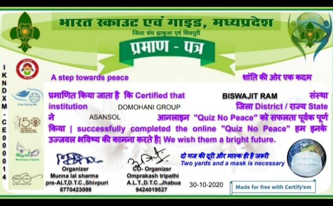 CERTIFICATE PEACE QUIZ BISWAJIT 