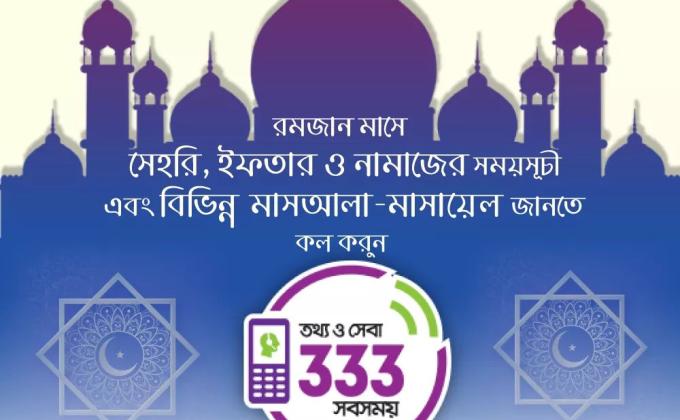 রমজানুল মুবারক।
৩৩৩ নাম্বারে কল করে রমজানের সময় রোজা, নামাজ, যাকাত ও ফিতরা সম্পর্কে বিভিন্ন মাসআলা-মাসায়েল এবং সেহরি ও ইফতারের সময় জানতে পারবেন।