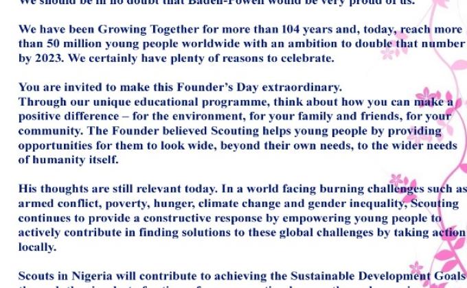 Founder's Day Message from The Chief Commissioner, Scout of Nigeria - Hon Dave Awunah.