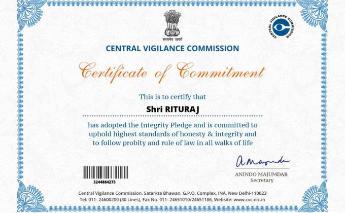 भारत सरकार द्वारा विभिन्न गतिविधियों हेतु ऑनलाइन प्रमाण पत्र प्राप्त हुआ