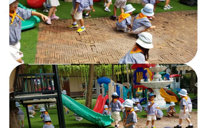 เด็กช่วยกันเก็บใบไม้กิ่งไม้แห้งกัน ทำให้บริเวณดูสะอาดตา