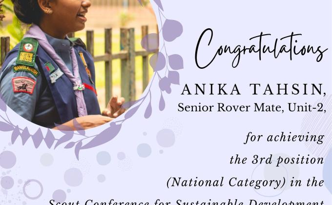 Anika Tahsin, the Senior Rover Mate of Unit -2, 13th Hussars Open Rover Scout Group Achieved the 3rd Position (National Category) in OIC Scout Conference for Sustainable Development