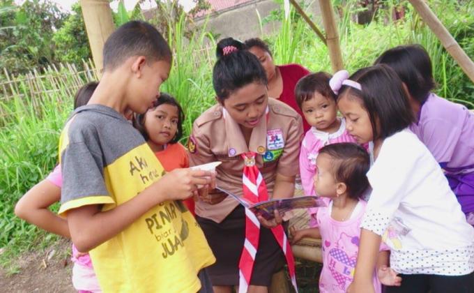Pioneer Troop of PRABUHI (Reading Volunteer Scouts) doing Rally in hilly village in Sukabumi - West Java Province, Indonesia