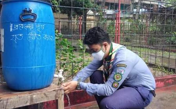 Hand Washing To Get Rid Of "CORONA Virus" in "International Peace Day-2020 & Work Shop On SCOUT's Better World Framework" Organised by "Hasan Ali Gov't High School Scout Group,Chandpur.