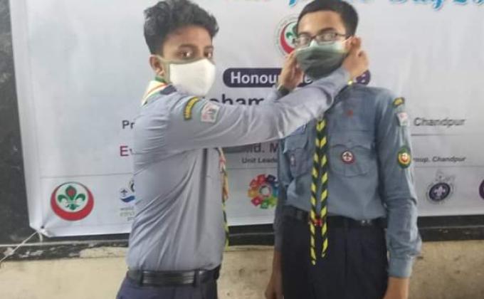 Distrubuting Mask To Scouts in "International Peace Day-2020 & Work Shop On SCOUT's Better World Framework" Organised by "Hasan Ali Gov't High School Scout Group,Chandpur.